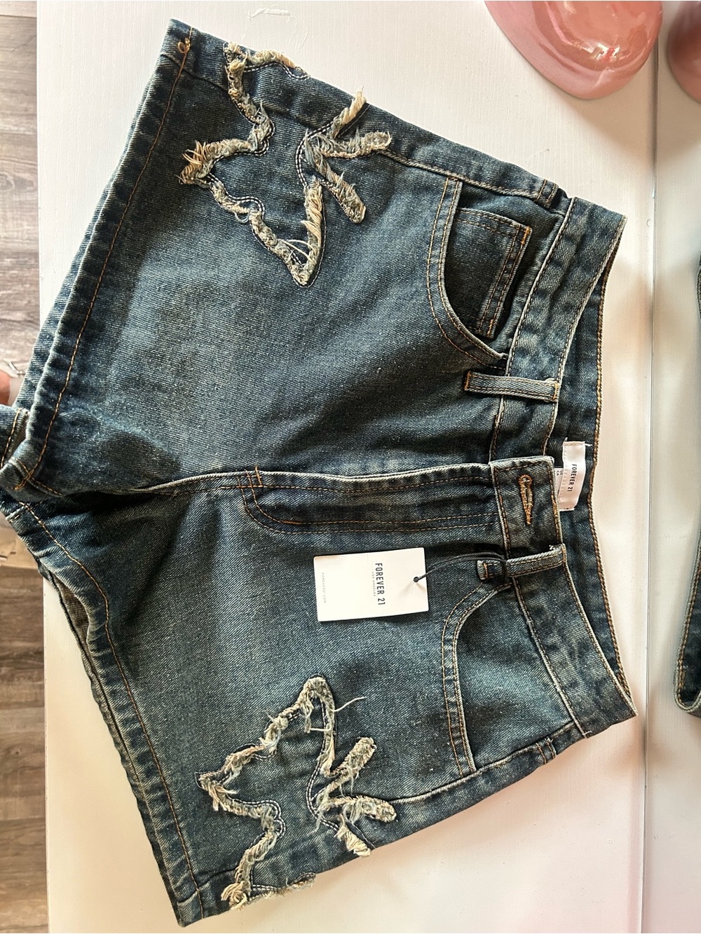 Forever 21 Dark Blue Distressed butterfly Denim Shorts